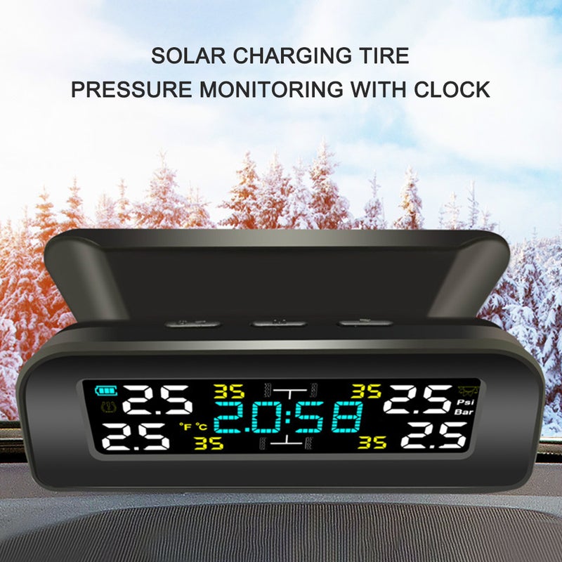 Car TPMS Tire Pressure Monitoring System Car Wireless Solar Charging Alarm System TPMS with Clock, Auto Backlight & Sleep & Awake Mode, 4 External Sensors, LCD Display - Image 4