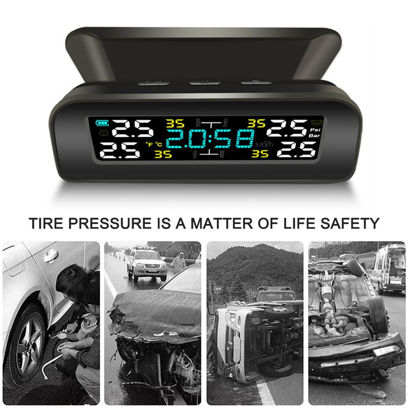 Car TPMS Tire Pressure Monitoring System Car Wireless Solar Charging Alarm System TPMS with Clock, Auto Backlight & Sleep & Awake Mode, 4 External Sensors, LCD Display - Image 5