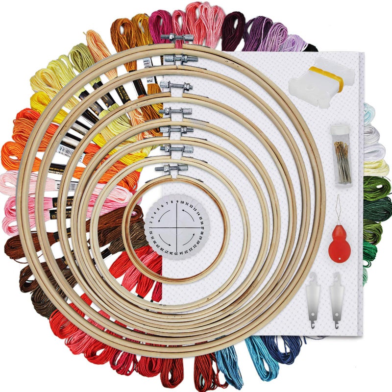 HAUSPROFI Embroidery Starter Kit  Cross Stitch Kit Including 50 Colours 30 Needles 7 Bamboo Frames Kumihimo Disk Cross Stitch Fabric