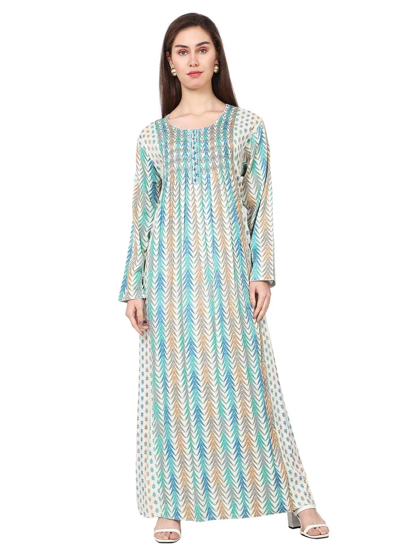 HANA & SARA CASUAL ELEGANT PRINTED DESIGN WITH FRONT EMBROIDERY SMOCKING ARABIC KAFTAN JALABIYA DRESS