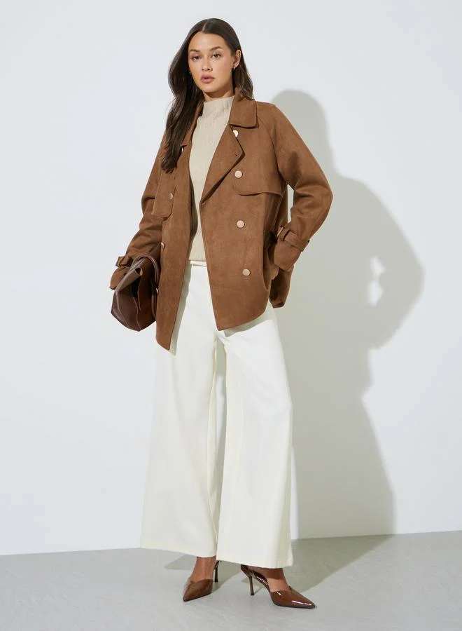 Styli Brown Double-Breasted Pocket Detail Casual Coat