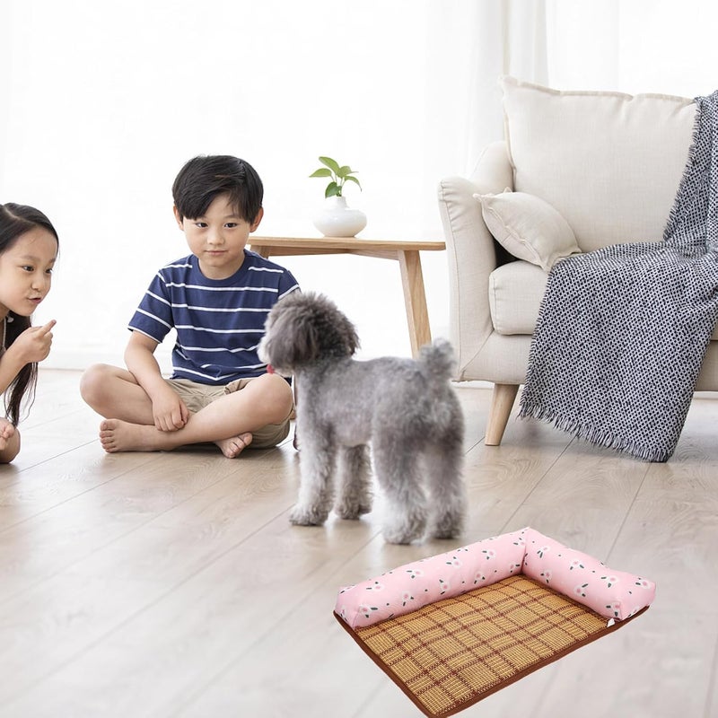 Pet Summer Cooling Bed Mat Breathable Non-Slip Dog Cushion Pad with Double-Sided Pillow S Size Red Floral for Indoor Use - Image 5