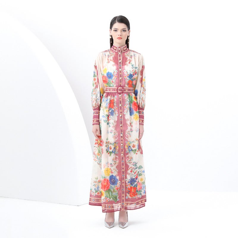 2025 early spring-elegant cross-border retro style stand collar lantern sleeve wave edge long printed dress two-piece set Red