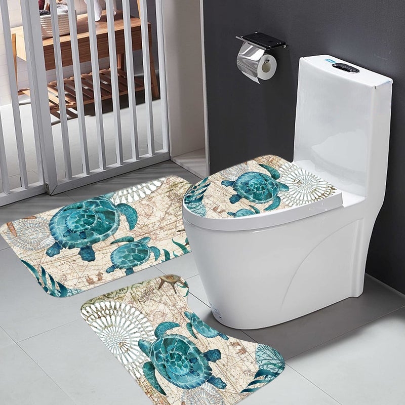 BGCTM Nautical Blue Sea Bathroom Sets with Shower Curtain and Rugs and Accessories, Ocean Turtle Shower Curtain Sets with 12 Hooks, Bath Mat Set Bathroom Decor by Durable Waterproof Fabric - Image 2