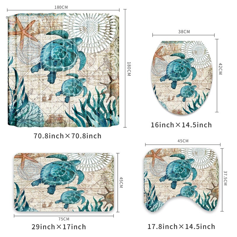 BGCTM Nautical Blue Sea Bathroom Sets with Shower Curtain and Rugs and Accessories, Ocean Turtle Shower Curtain Sets with 12 Hooks, Bath Mat Set Bathroom Decor by Durable Waterproof Fabric - Image 3
