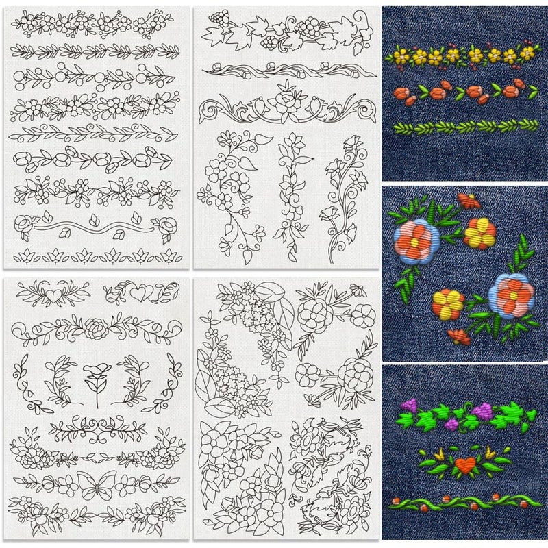 DOODLREAM 35Pcs Plant Vine Lace Trimming 4 Sheets Water Soluble Embroidery Pattern Stabilizers Stick and Stitch Embroidery Stickers Hand Sewing DIY Plant Embroidery Papers