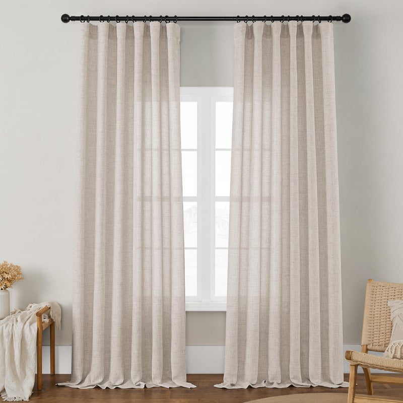 Dukiyo Linen 90 Inch Curtains 2 Panels For Dining Living Room Semi Sheer Light Filtering Farmhouse Curtains With Rod Pocket Hook Belt Privacy Tan Beige Flax Linen Long Window Curtain 90 Inch Length - Image 1