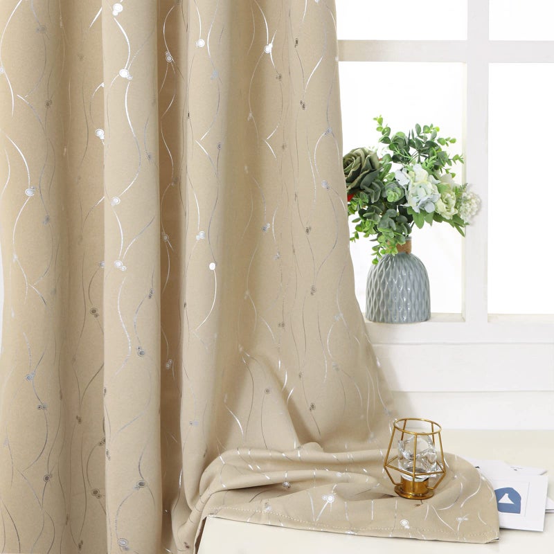 BGment Room Darkening Curtains 72 Inches Long  Grommet Thermal Insulated Blackout Curtains with Wave Line and Dots Printed for Bedroom  2 Panels  Each 52 x 72 Inch  Beige - Image 5