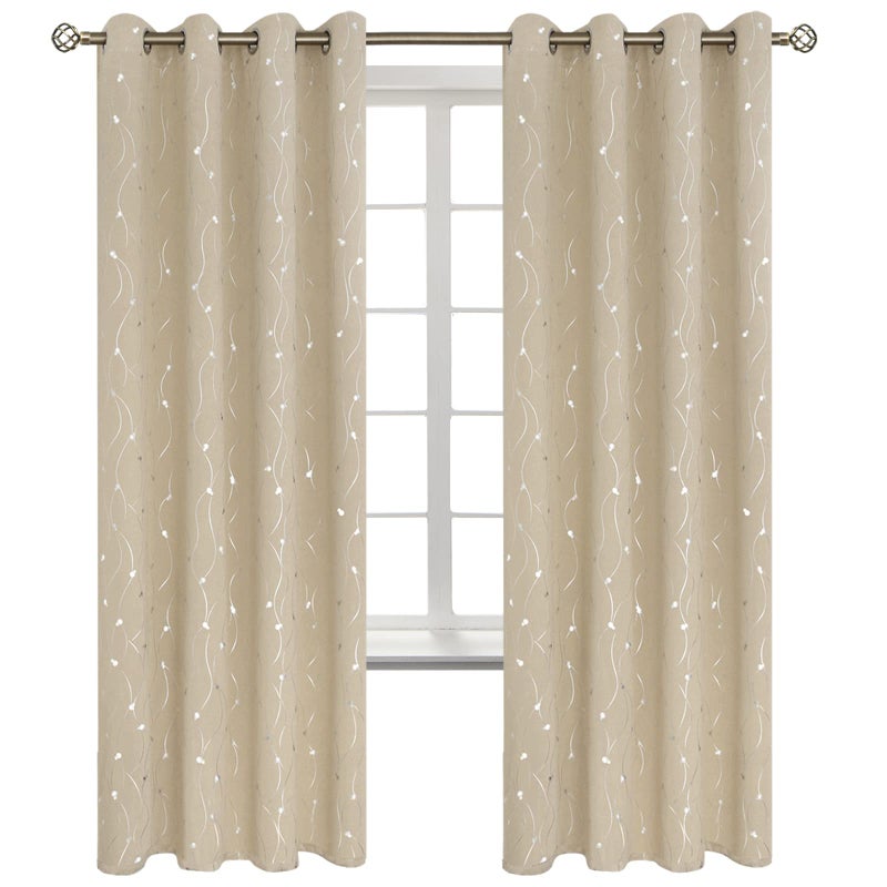BGment Room Darkening Curtains 72 Inches Long  Grommet Thermal Insulated Blackout Curtains with Wave Line and Dots Printed for Bedroom  2 Panels  Each 52 x 72 Inch  Beige - Image 2