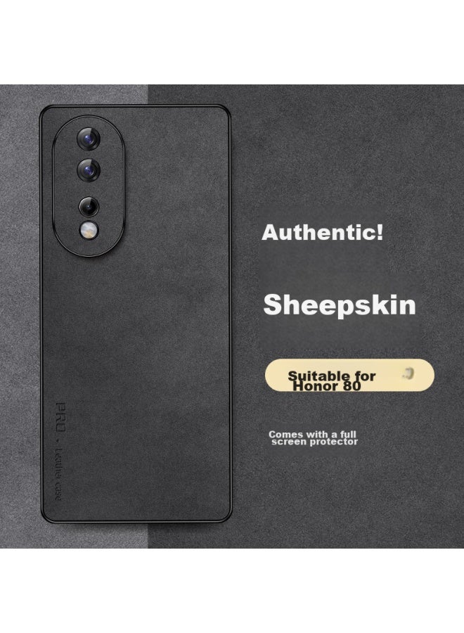 Shangsu, Suitable For Honor 80 Phone Case, Honor 80 Protective Cover, Shockproof, Full Lens Protection, Soft Shell, Simple Luxury, Lambskin Silicone Outer Case, Women's And Men's Leather Case, Black - Image 1