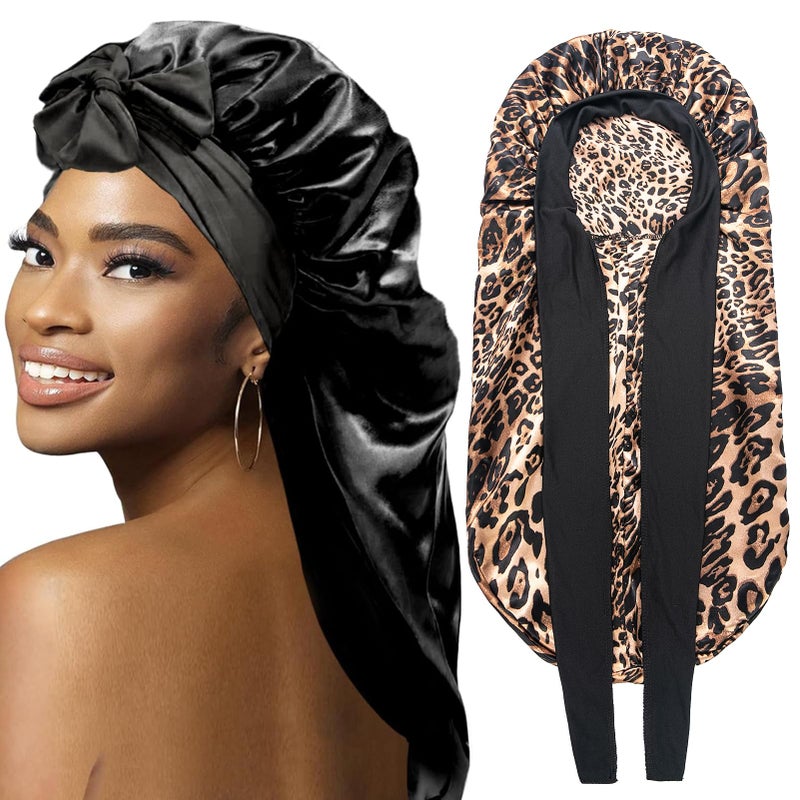 2Pcs Bonnets for Black Women Braid Bonnet Large Long Satin Bonnet for Braids Silk Bonnet with Stretchy Tie Band Sleep Cap Hair 2PcsBlackLeopard