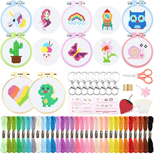 ZOCONE 12 PCS Cross Stitch Kits for Kids 7-13, Beginner Kits with Instructions, Keychains, Embroidery Hoops and Tools, Backpack Charms, Cross Stitch Ornaments - Image 1