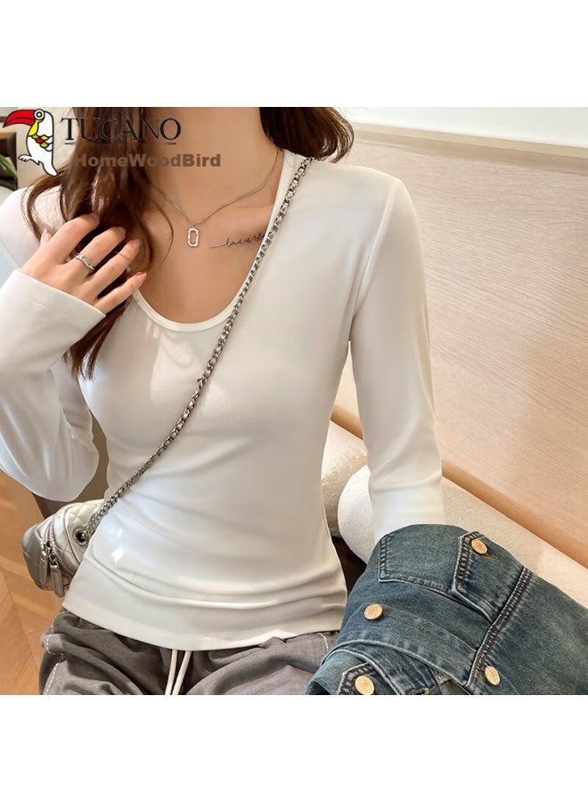 WOODPECKER Wood Autumn And Winter New Long Sleeve T-shirt Women's Thickened Velvet Bottoming Shirt White XL - Image 1