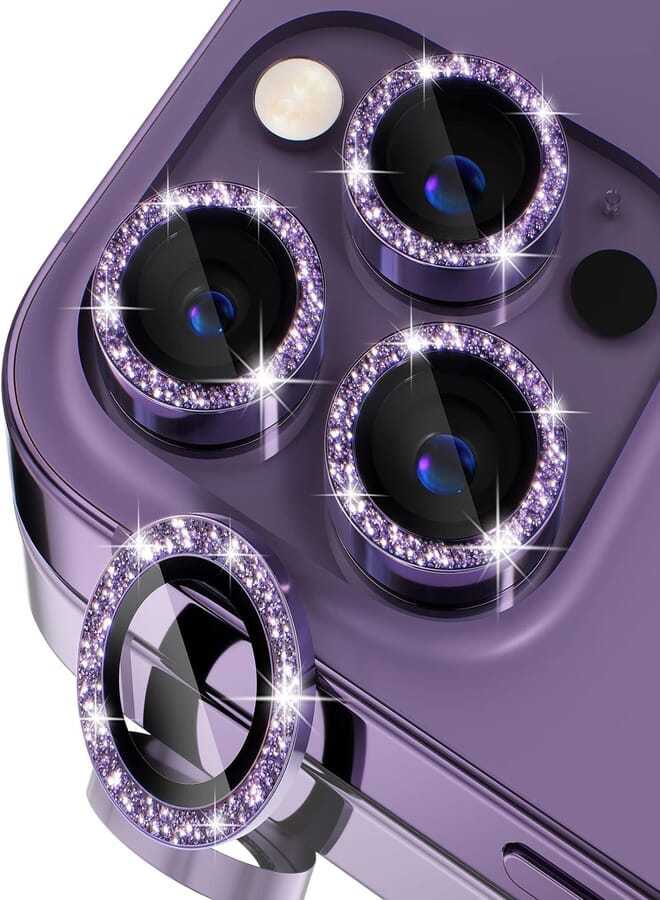 Next Next Store Camera Lens Protector for iPhone 14Pro/14Pro Max, 9H Tempered Glass Camera Cover, Metal Ring Decoration Accessories (Glitter Purple)