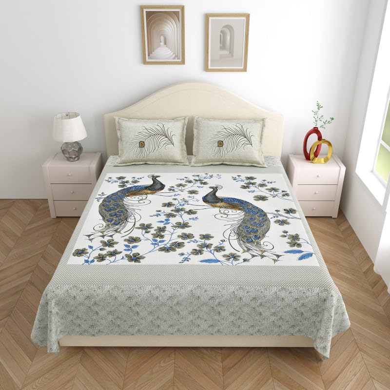 KOTTS STITCH Jaipuri Peacock Maharaja Cotton Double Bedsheet with 2 Pillow Covers 93x108 Fast Colors Traditional Jaipuri Print No Skrinage 210 TC Grey Blue Beige Colour