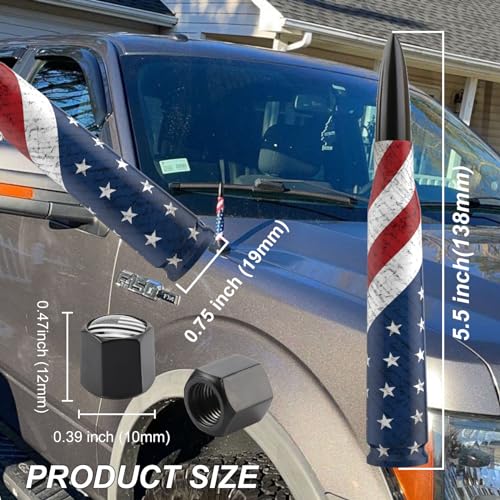 Engirette Car Truck Bullet Antenna Replacement Mast with Valve Stem Caps American Flag Style for GMC Sierra Chevy Silverado Dodge Ram 1500 2500 3500 Ford F150 F250 F350 Super Duty Raptor Accessories, Black - Image 2