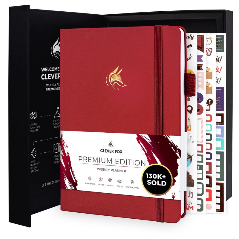 Clever Fox Planner Premium Edition â€“ Undated Luxurious Weekly & Monthly Planner to Increase Productivity and Hit Your Goals â€“ Organizer â€“ Start Anytime, A5, Lasts 1 Year, Red (Weekly)