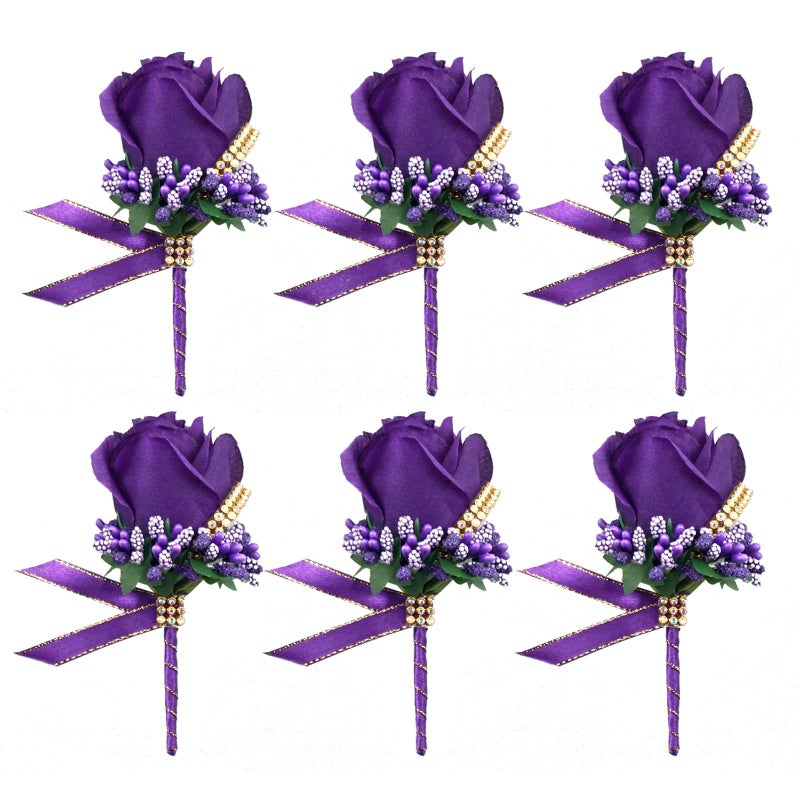 Ciandid Ciandid Purple Rose Boutonnieres for Men Wedding Set of 6 Groom Groomsman Best Man Boutonniere Bride Bridesmaid Brooch Corsage Handmade Silk Flower with Ribbon for Wedding Ceremony Prom Party 