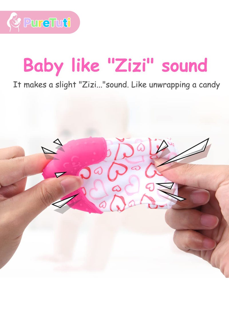 PureTuti Silicone Baby Teething Mittens 2 Pack with Adjustable Strap Crinkle Sound Textured Self Soothing Chew Toys for 0-6 Month Infants Daily Use - Image 4