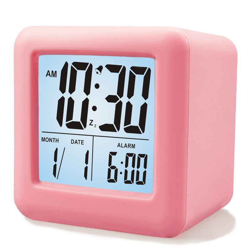 Plumeet Digital Alarm Clock Kids Clock with Snooze and White Nightlight Easy Setting Travel Alarm Clocks Display Time Date Alarm Ascending Sound Battery Powered Baby Pink