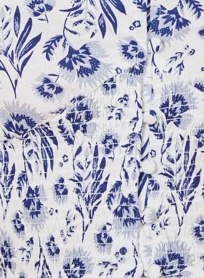 Styli Floral Print Shirred Detail Crop Blouse