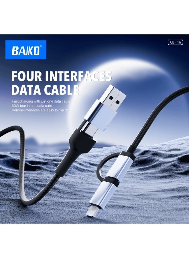 بَيّاكم كابل بيانات وشحن سريع PD بقوة 60 واط من بايكو CB16، 4 في 1 - سلك شحن USB متعدد المنافذ مزود بشريحة ذكية فائقة، تصميم مضفر بـ 48 قطعة - Image 4