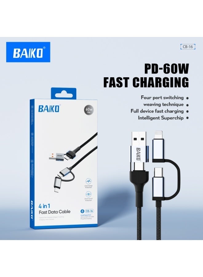 بَيّاكم كابل بيانات وشحن سريع PD بقوة 60 واط من بايكو CB16، 4 في 1 - سلك شحن USB متعدد المنافذ مزود بشريحة ذكية فائقة، تصميم مضفر بـ 48 قطعة - Image 1