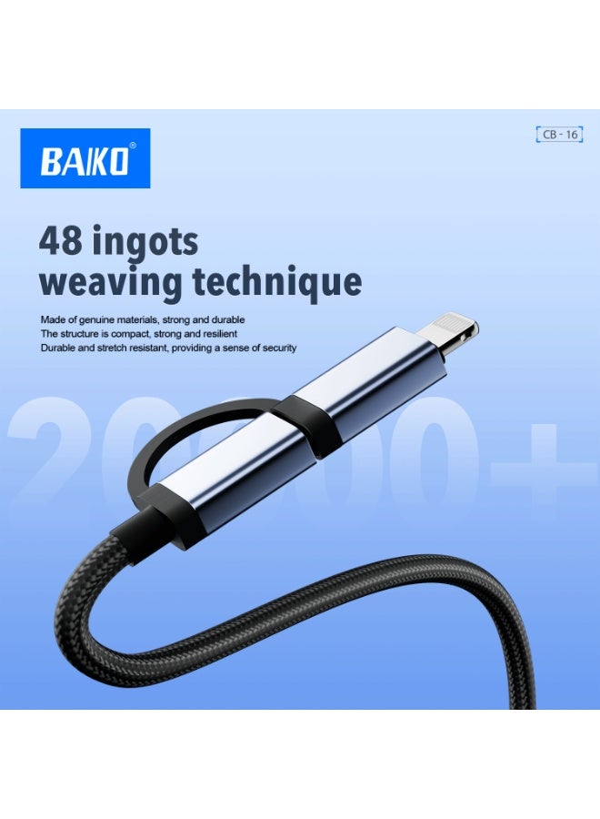 بَيّاكم كابل بيانات وشحن سريع PD بقوة 60 واط من بايكو CB16، 4 في 1 - سلك شحن USB متعدد المنافذ مزود بشريحة ذكية فائقة، تصميم مضفر بـ 48 قطعة - Image 2