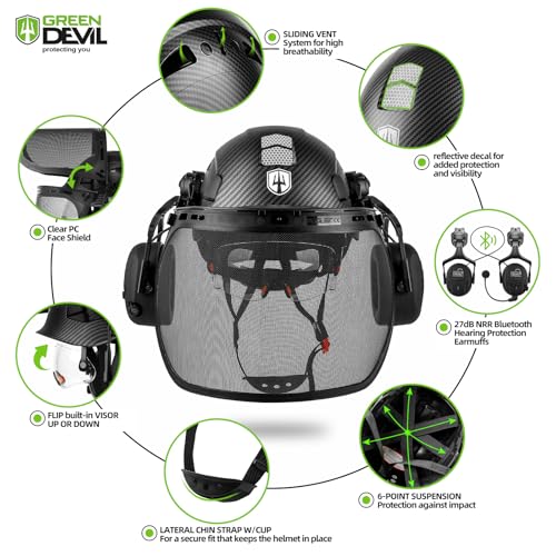 GREEN DEVIL Forestry Chainsaw Safety Helmet with Bluetooth Ear Muffs Arborist Helmet Hard Hat with Builtin Visor Face Shield 5 in 1 System Logging Garden Work Hardhats for Men Women - Image 3