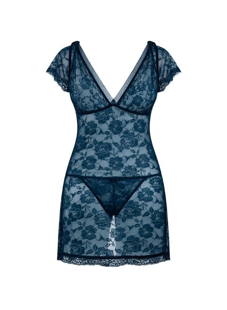 Cute Teal Blue Floral Lace Mini Dress with Elegant Sheer Design and Comfortable Stretch - Image 2