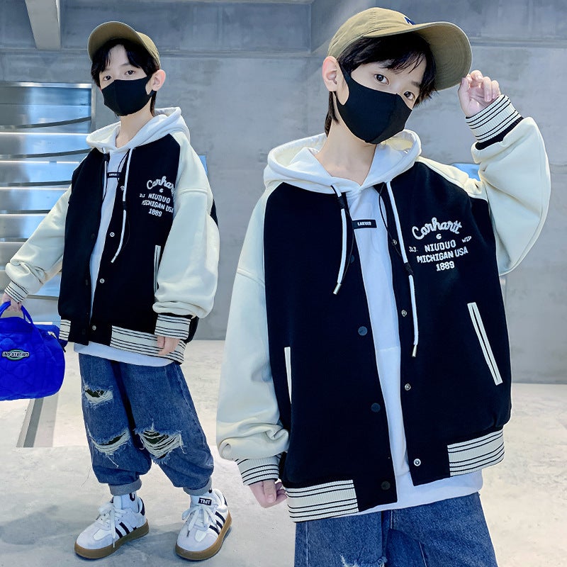 Boys Baseball Suit Coat Spring and Autumn Fried Street Ripper Shuai 2023 New Childrens Casual Baseball Suit Trendy Cool for Middle and Big Children Black 