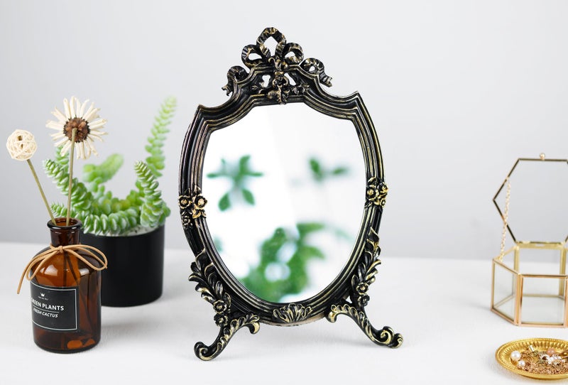 Eaoundm Resin Frame Decorative Wall Mirror Makeup Mirror Tabletop Mirrors  for Bedroom Living-Room Dresser Decor 8.2W x 13 L inchs (Black) - Image 2