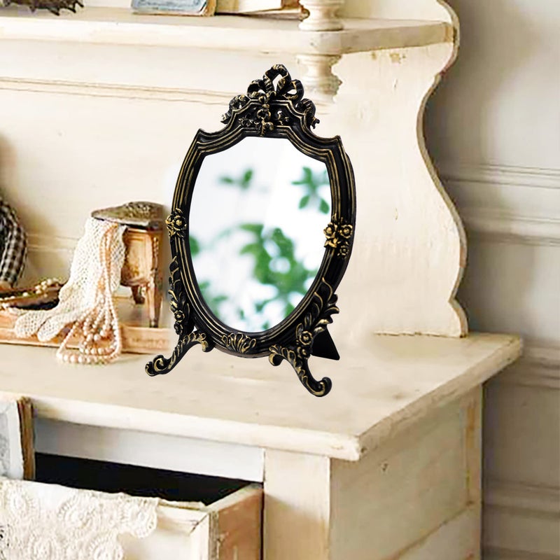 Eaoundm Resin Frame Decorative Wall Mirror Makeup Mirror Tabletop Mirrors  for Bedroom Living-Room Dresser Decor 8.2W x 13 L inchs (Black) - Image 3