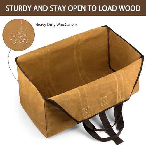 BONTHEE Firewood Carrier, Waxed Canvas Log Carrier, Extra Large Firewood Holder Indoor, Canvas Wood Carrier for Firewood with Handles, Contained Weight-Relief Pad for Easy Carry - Earth Yellow - Image 3