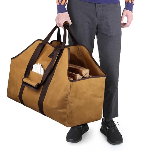 BONTHEE Firewood Carrier, Waxed Canvas Log Carrier, Extra Large Firewood Holder Indoor, Canvas Wood Carrier for Firewood with Handles, Contained Weight-Relief Pad for Easy Carry - Earth Yellow - Image 5