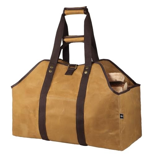 BONTHEE Firewood Carrier, Waxed Canvas Log Carrier, Extra Large Firewood Holder Indoor, Canvas Wood Carrier for Firewood with Handles, Contained Weight-Relief Pad for Easy Carry - Earth Yellow - Image 1