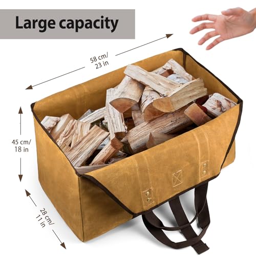 BONTHEE Firewood Carrier, Waxed Canvas Log Carrier, Extra Large Firewood Holder Indoor, Canvas Wood Carrier for Firewood with Handles, Contained Weight-Relief Pad for Easy Carry - Earth Yellow - Image 2