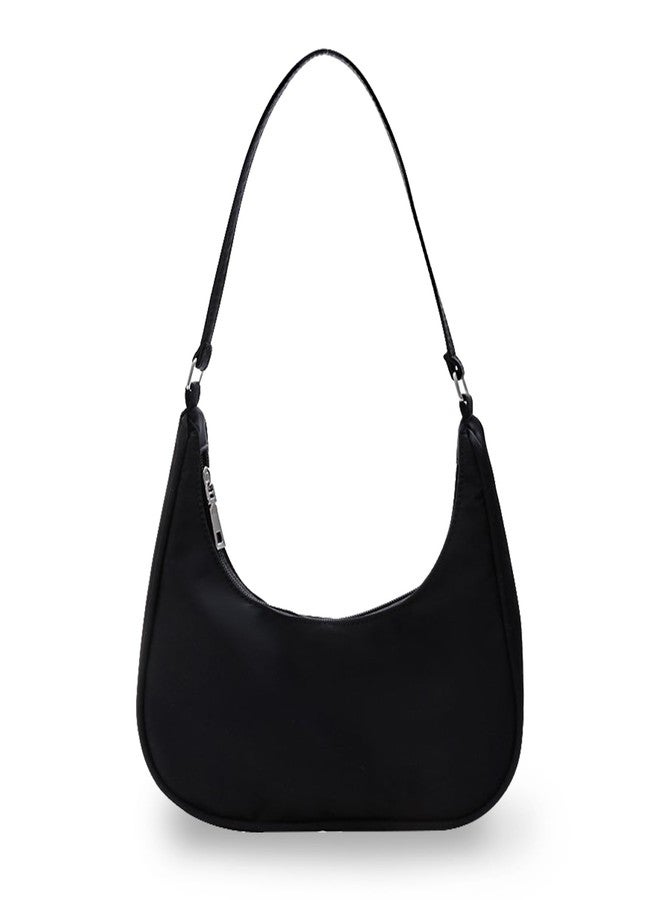 WisePoint Crescent Bag, Nylon Dumpling Bag with Zipper Mini Handbag for women, Fashionable Luna Bag for Shopping, Dating (black) - Image 1
