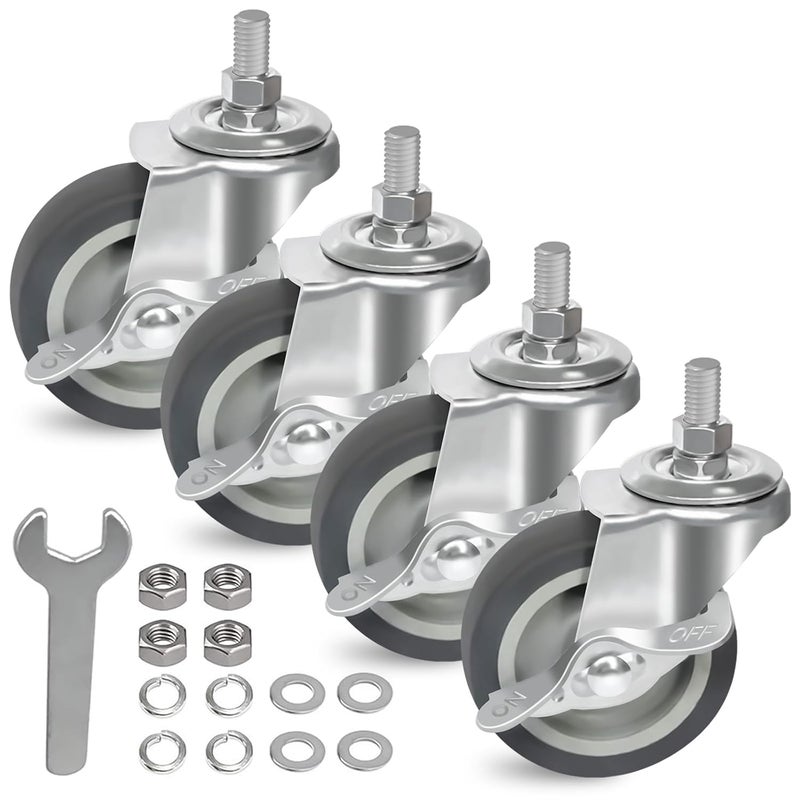 AAGUT 3 Inch Caster Wheels with Locking Brakes, Rubber Heavy Duty M10 x 1.5" Threaded Stem Industrial Castors Replacement for Workbench,Carts,Furniture,Dolly,Trolley,Set of 4 - Image 1