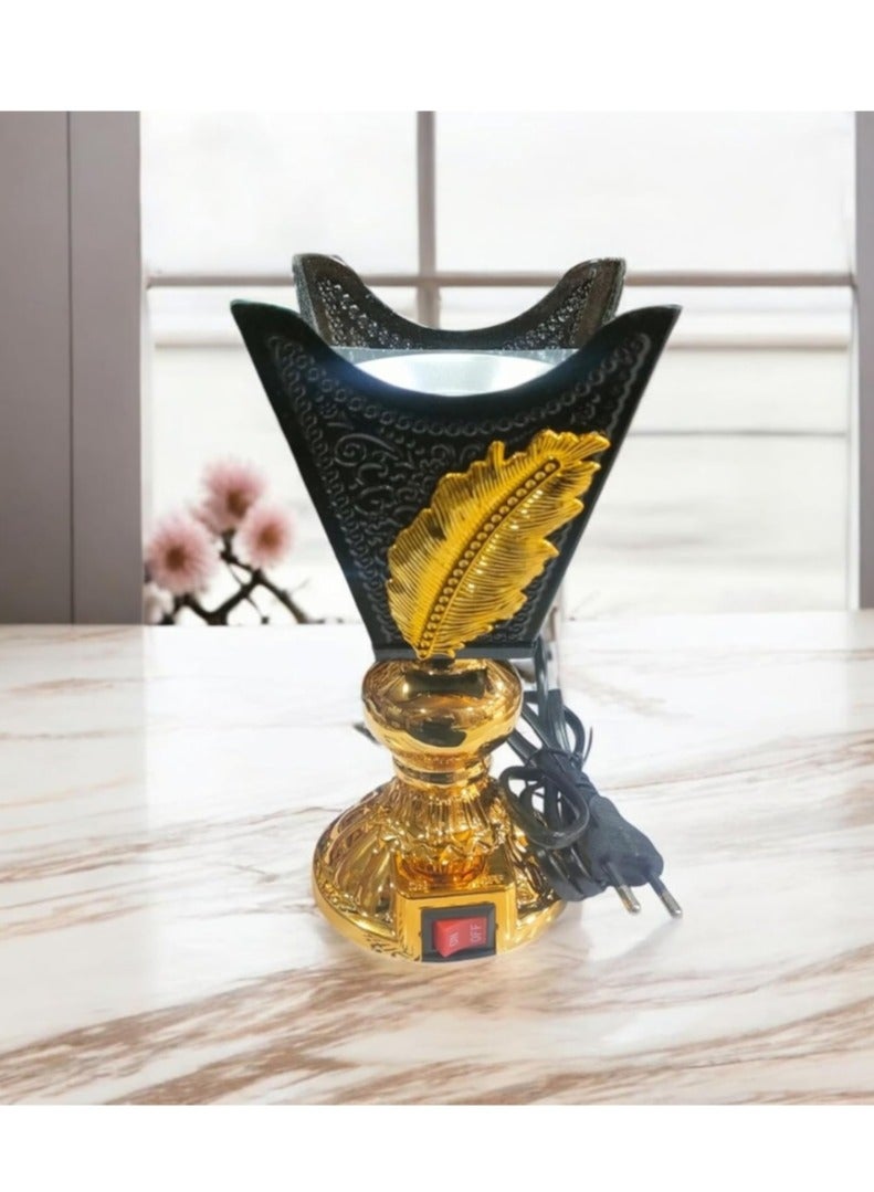 Portable Electric Incense Burner. Antique Arabic Resin and Oud Incense Holder, Aromatherapy Diffuser for Yoga, Spa, Aromatherapy, Home and Office Decor. (Black Feather Incense Burner in Gold) - Image 1