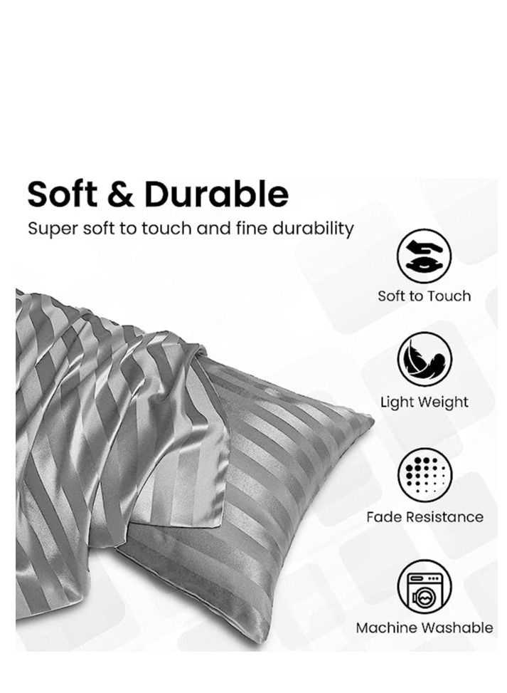 SMILEE 100% Pure Mulberry Queen Pillowcase 2-Piece Pillow Cases (Dark Grey Striped) - Image 2