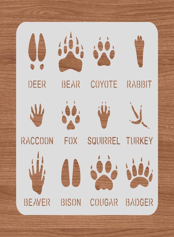 BENECREAT 12 Type Animal Footprint Paw Stencils, 12x12" Deer/Bear/Rabbit/Fox/Turkey Drawing Stencils for Wood Wall Painting and Scrapbooking - Image 1