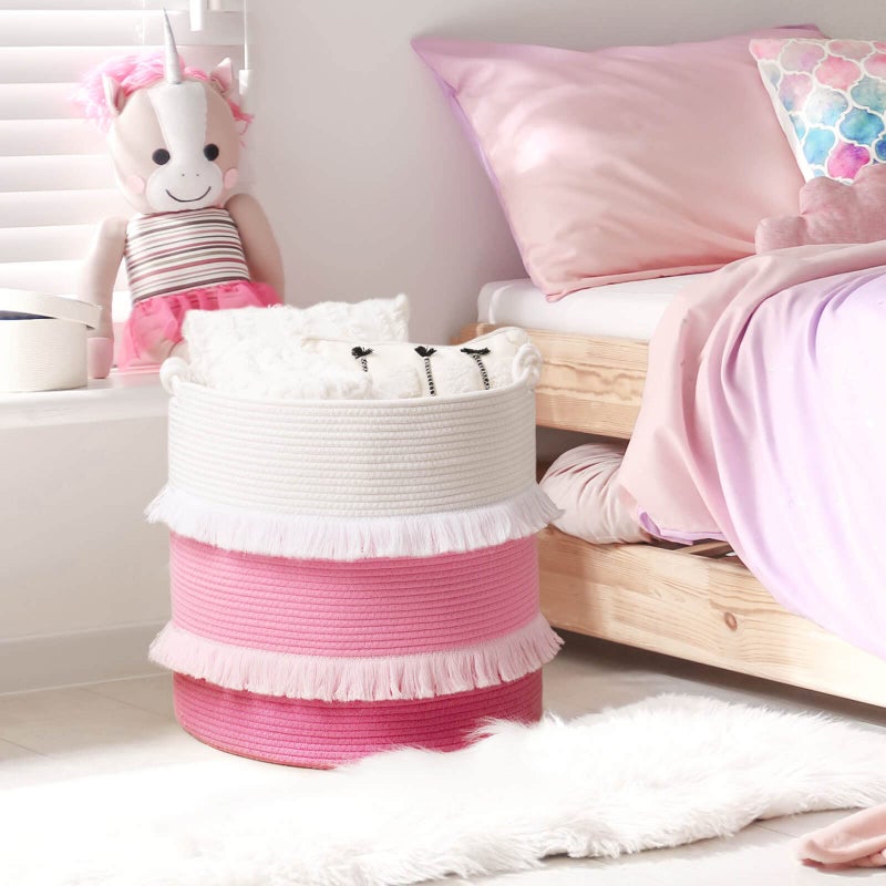 CherryNow Extra Large Woven Storage Baskets - 16'' x 17'' Cotton Rope Decorative Pink Hamper for Nursery, Toys, Blankets, and Laundry, Cute Tassel Nursery Décor for Baby & Girl - Image 3