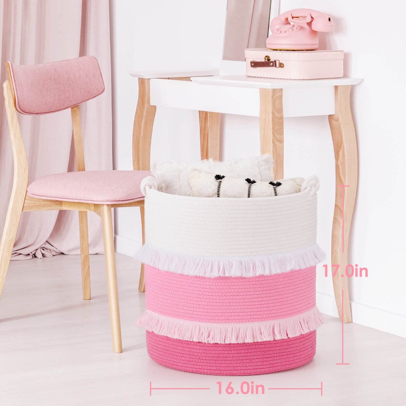 CherryNow Extra Large Woven Storage Baskets - 16'' x 17'' Cotton Rope Decorative Pink Hamper for Nursery, Toys, Blankets, and Laundry, Cute Tassel Nursery Décor for Baby & Girl - Image 2