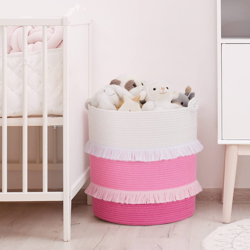 CherryNow Extra Large Woven Storage Baskets - 16'' x 17'' Cotton Rope Decorative Pink Hamper for Nursery, Toys, Blankets, and Laundry, Cute Tassel Nursery Décor for Baby & Girl - Image 5