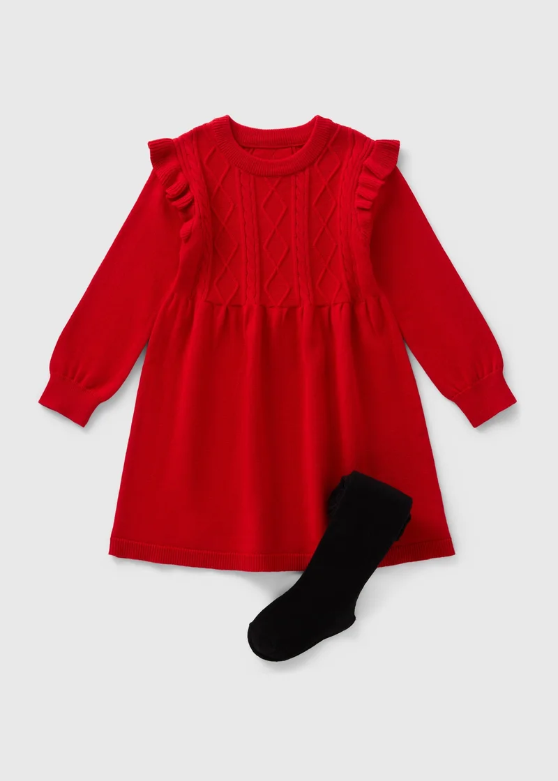 Matalan Girls Red Knitted Dress & Tights