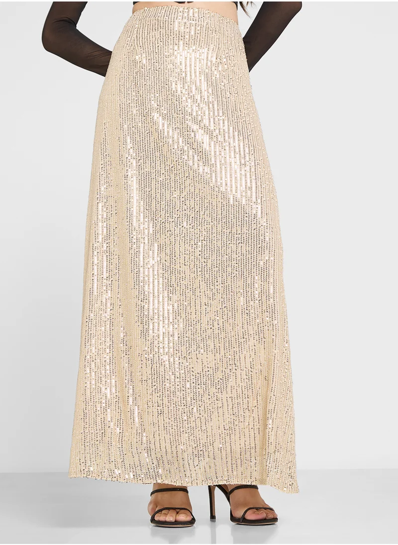 جينجر Sequin Maxi Skirt In Gold