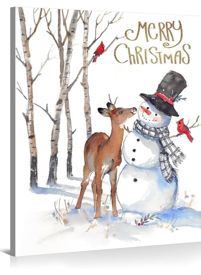 مؤسسة فكرة اليوم فكرة اليوم لفن الحائط على قماش رجل الثلج في عيد الميلاد | ديكور مزرعة شتوي مع مطبوعات الغزلان، ديكورات العطلات لغرفة المعيشة وغرفة النوم، 12 × 15 بوصة - Image 1