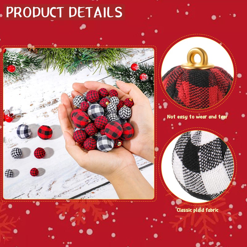 Canlierr 60 Pieces Mini Christmas Ball Ornaments Multi-Size Buffalo Check Fabric Wrapped Balls Decorative Xmas Tree Wreath Hanging Pendant for Holiday Party Decorations (Red-Black Plaid  Black-White Plaid) - Image 3