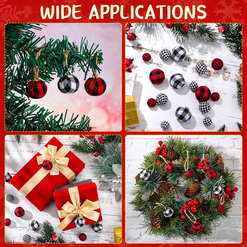 Canlierr 60 Pieces Mini Christmas Ball Ornaments Multi-Size Buffalo Check Fabric Wrapped Balls Decorative Xmas Tree Wreath Hanging Pendant for Holiday Party Decorations (Red-Black Plaid  Black-White Plaid) - Image 4